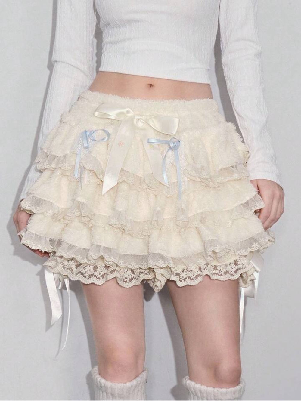 Romwe Plush Ruffle Skirt Skort Lace Bows Kawaii Anime Fairy Large L